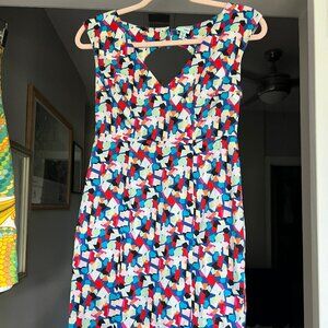 Colorful bold pattern sleeveless v-neck work office dress with keyhole back